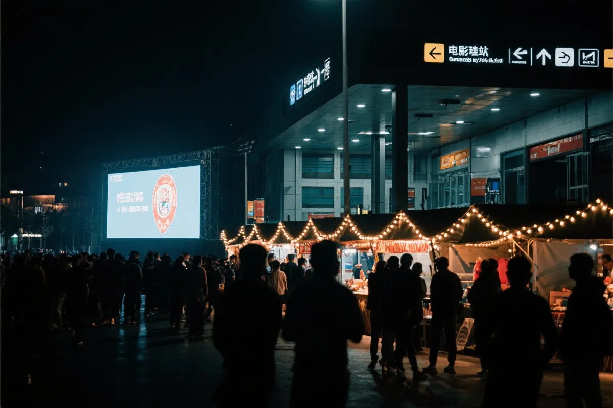 费城球迷广场夜景：大屏观赛人群、步行指示牌与公共交通入口